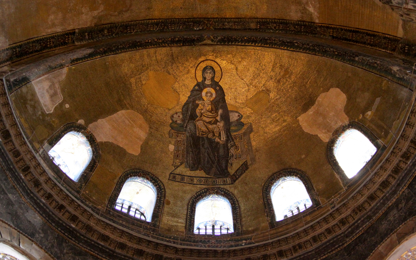 Mosaic of Virgin Mary and Child on Hagia Sophia dome, Istanbul.