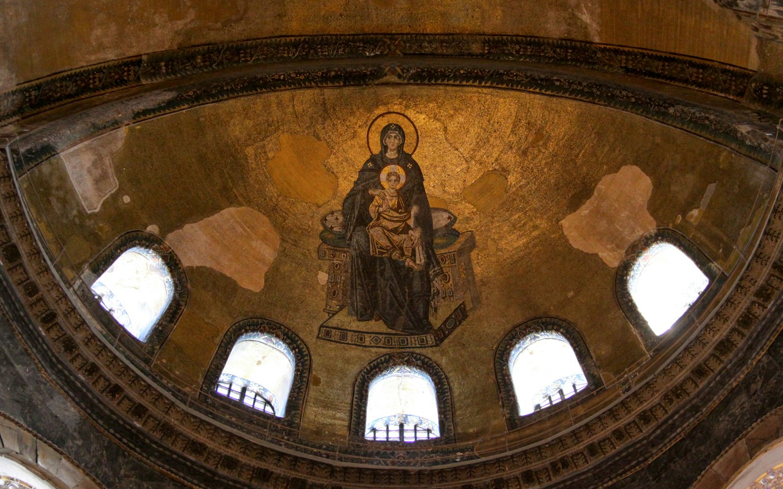 Mosaic of Virgin Mary and Child on Hagia Sophia dome, Istanbul.