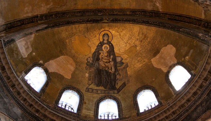 Hagia Sophia interior with intricate ceiling painting in Istanbul, Turkey.