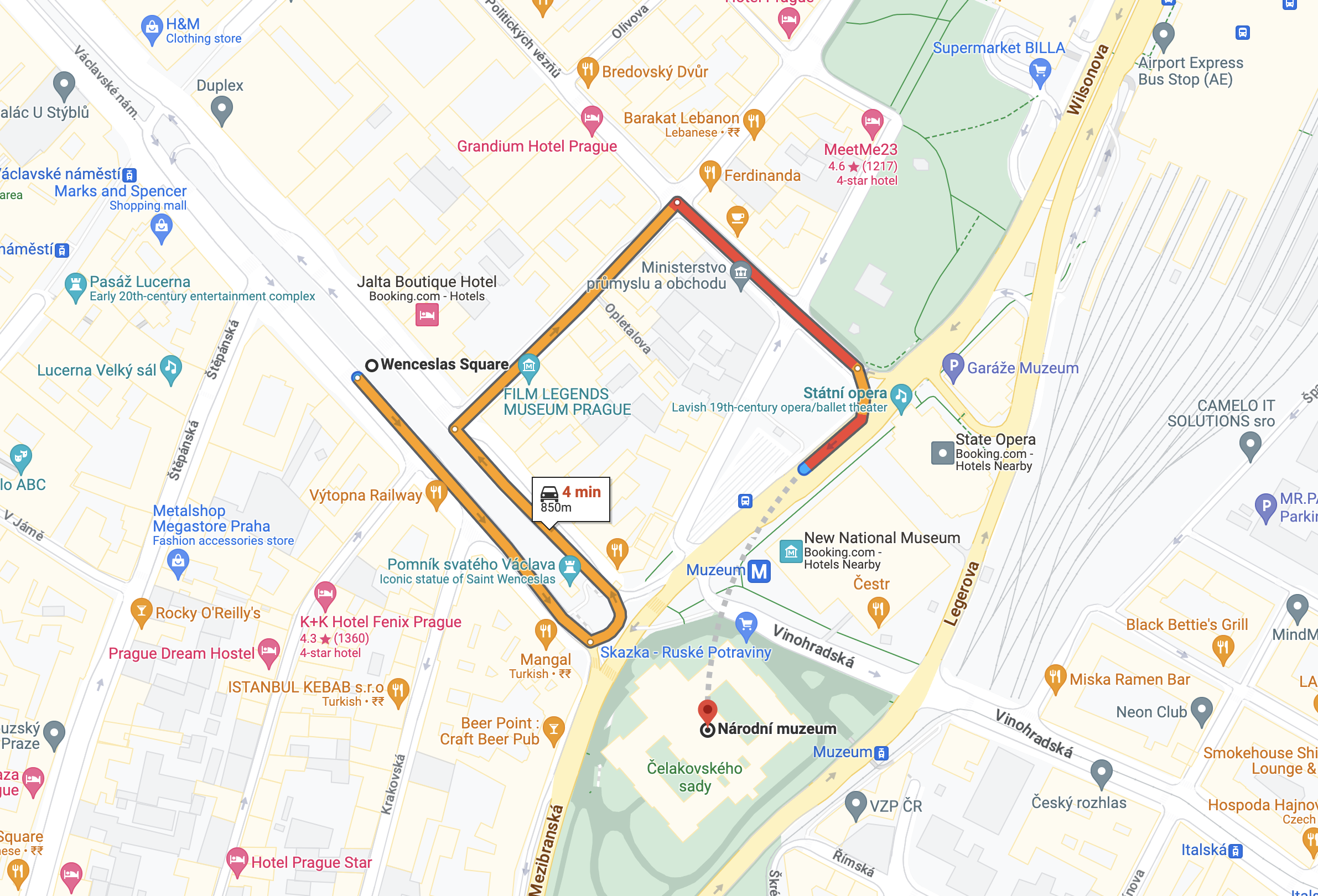 Driving Route Map: From Wenceslas Square to Prague National Museum