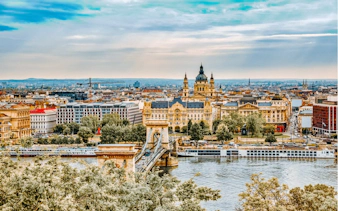 Budapest skyline with Chain Bridge and St. Stephen's Basilica in the Jewish Quarter.