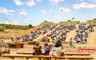 Audience watching an outdoor performance at Puy du Fou park show.