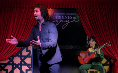 Flamenco singer performing with guitarist at Tablao Jardines de Zoraya.