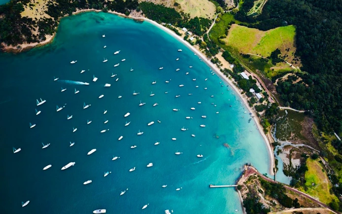 Boats in turquoise waters near lush coastline, Auckland Tikapa Moana cruise.
