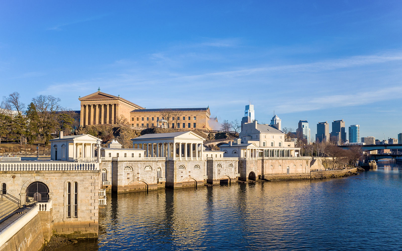 Fairmount Water Works and Philadelphia Museum of Art along the Schuylkill River, Philadelphia.