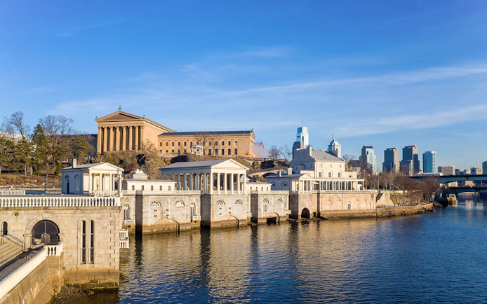 Fairmount Water Works and Philadelphia Museum of Art along the Schuylkill River, Philadelphia.