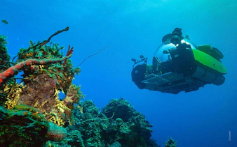 Submarine exploring coral reef at "Into the Ocean: Journey Beneath" exhibition, ArtScience Museum, Singapore.