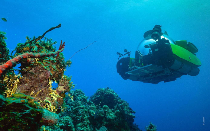 Submarine exploring coral reef at "Into the Ocean: Journey Beneath" exhibition, ArtScience Museum, Singapore.