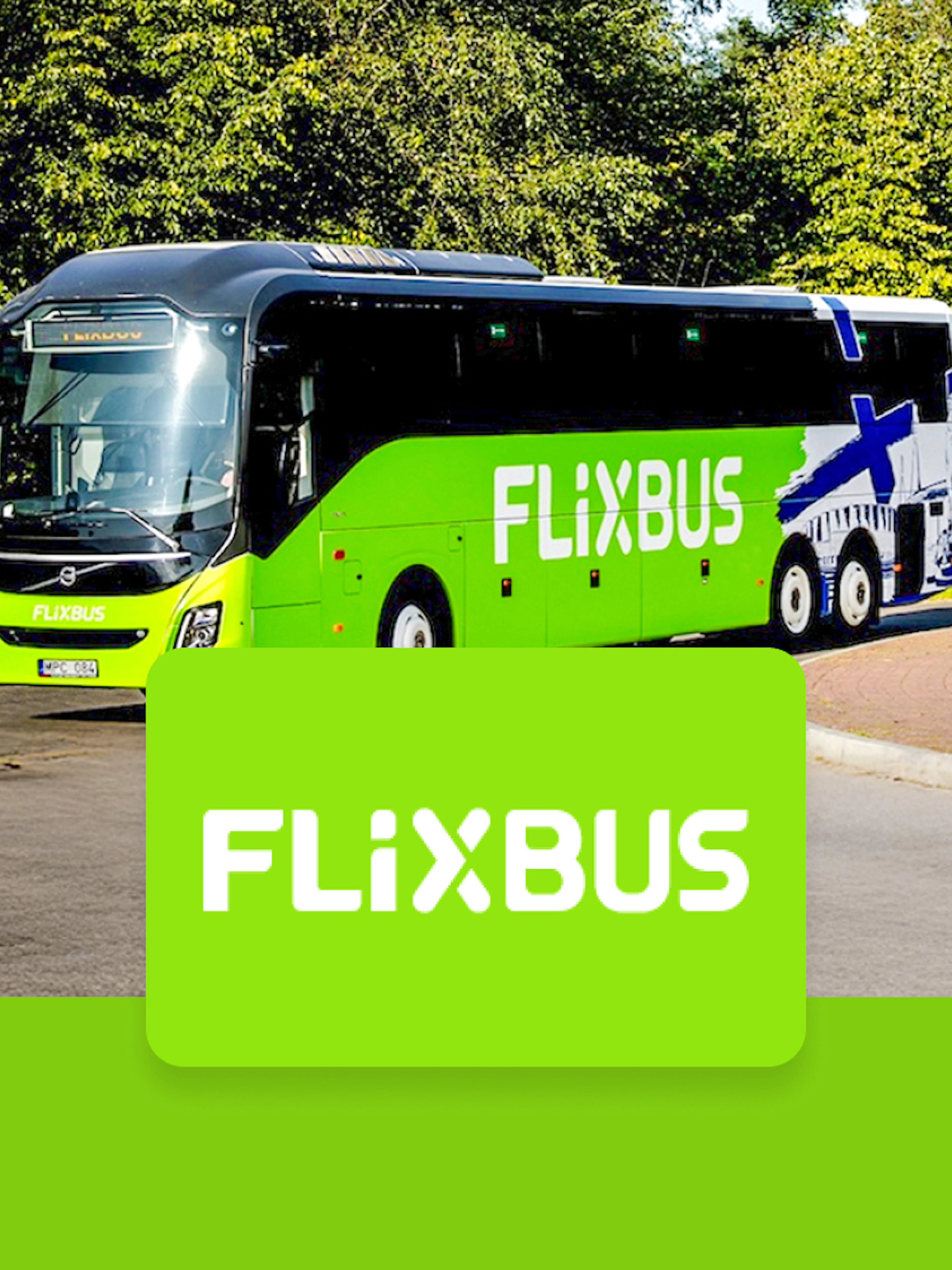 FlixBus traveling to Efteling from Amsterdam on a scenic road.