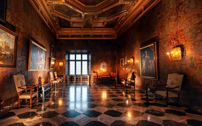 Wawel Castle interior with ornate ceiling and historic paintings, part of guided tour in Krakow.