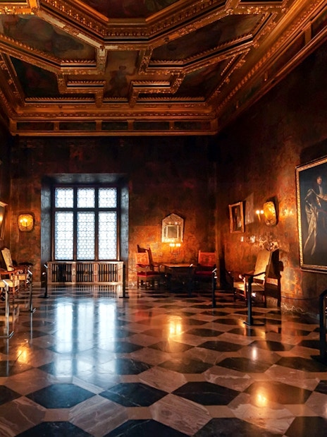 Wawel Castle interior with ornate ceiling and historic paintings, part of guided tour in Krakow.