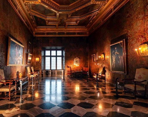Wawel Castle interior with ornate ceiling and historic paintings, part of guided tour in Krakow.