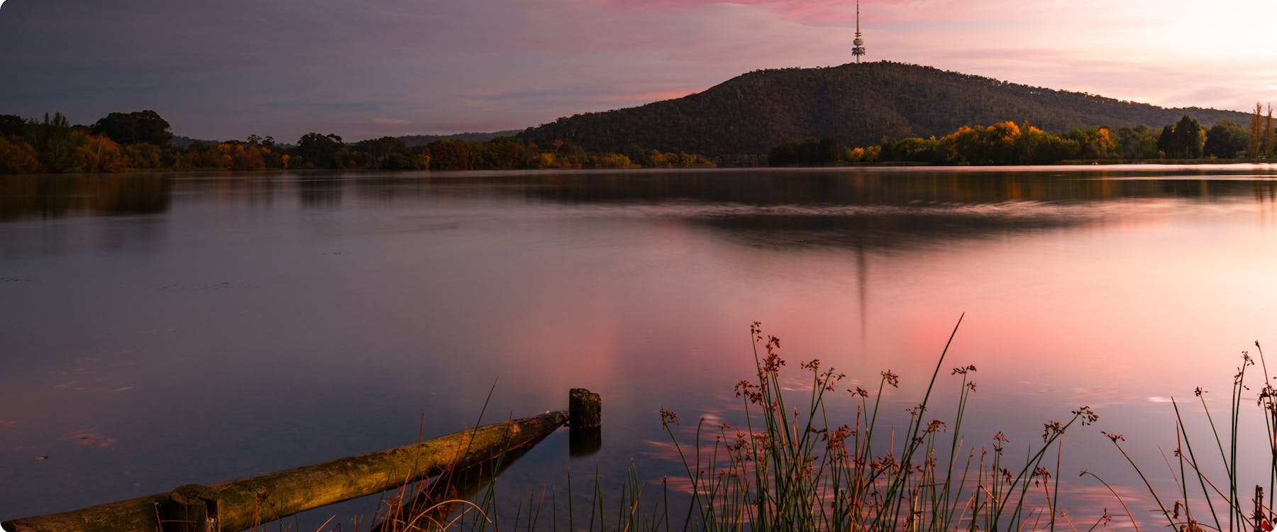 Lake Burley Griffin at sunset with Black Mountain Tower, Canberra.
