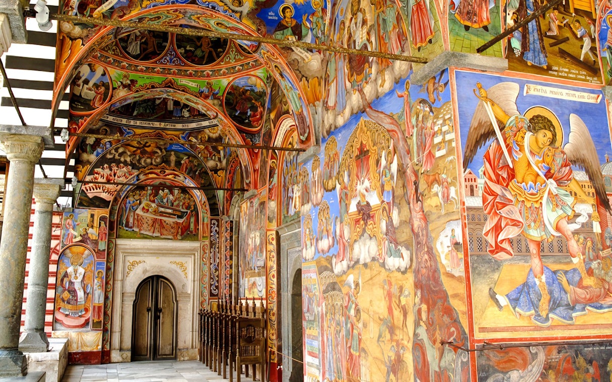Frescoes depicting religious scenes inside Rila Monastery, Bulgaria.
