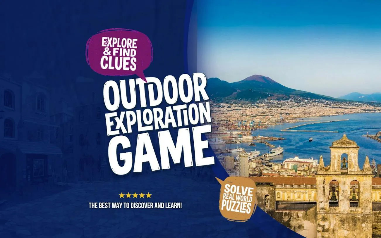 Outdoor exploration game in Naples with view of Mount Vesuvius and cityscape.