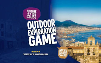 Outdoor exploration game in Naples with view of Mount Vesuvius and cityscape.