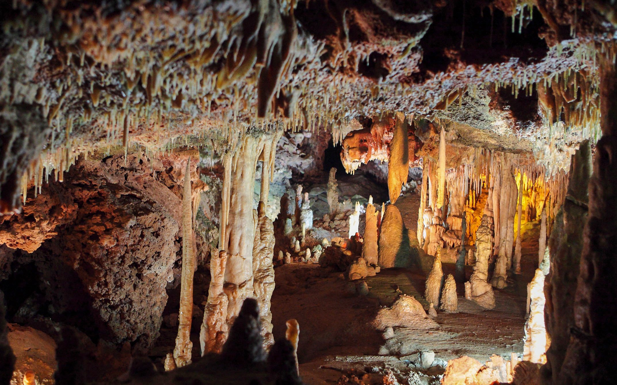 Stalactites and stalagmites inside Drach Caves, Mallorca.