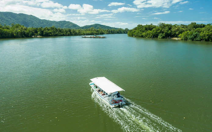 Boat cruising on a river with lush rainforest backdrop in Daintree, Australia.