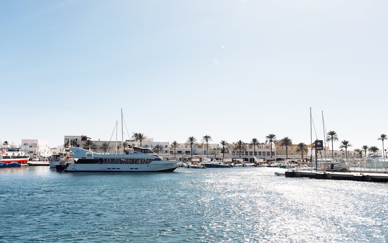 Formentera port view from a boat with docked yachts and palm-lined buildings.