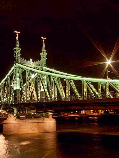 Liberty Bridge illuminated at night during New Year’s Eve Gala Dinner Cruise.