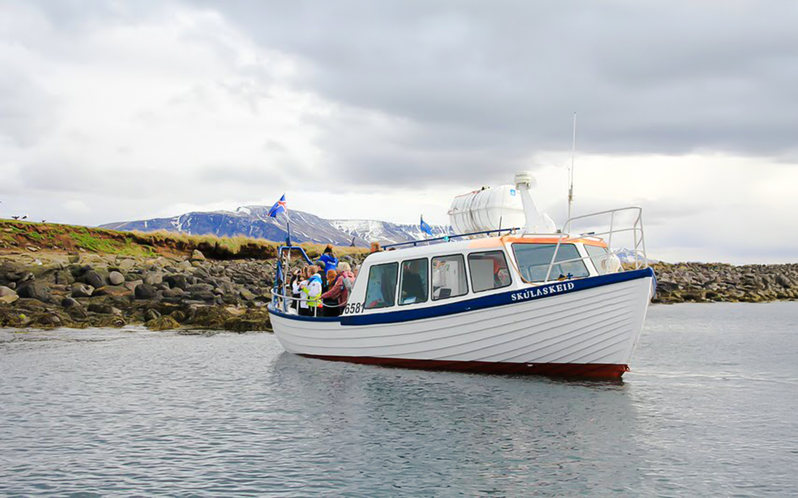Puffin watching boat near rocky shore with passengers, Iceland flag visible.