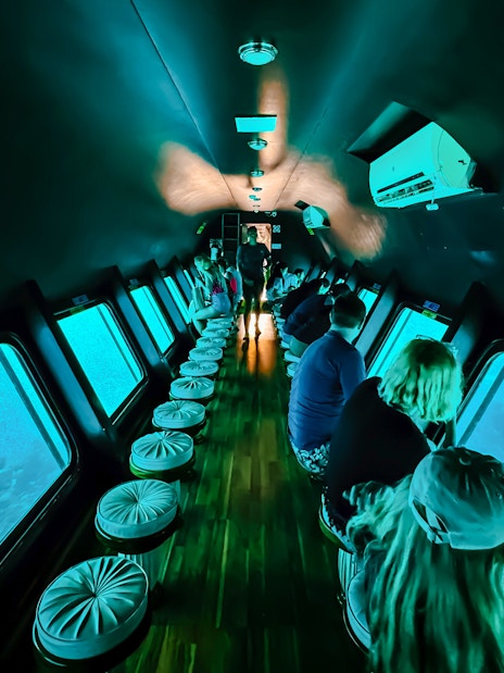 People viewing fish through windows on Royal Seascope Submarine, Hurghada.