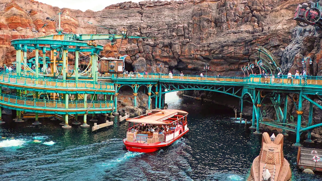 Boat ride at Mysterious Island in Tokyo Disneyland with rocky backdrop.