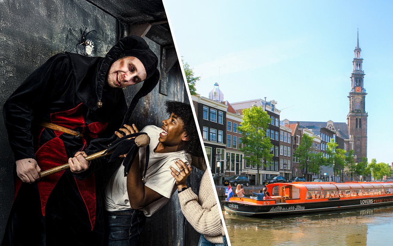 Guests interacting with a performer at the Amsterdam Dungeon.