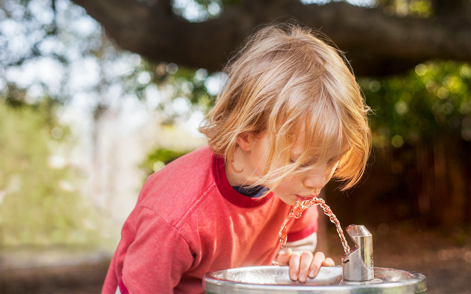 Child drinking from a water fountain in Boboli Gardens, Florence.