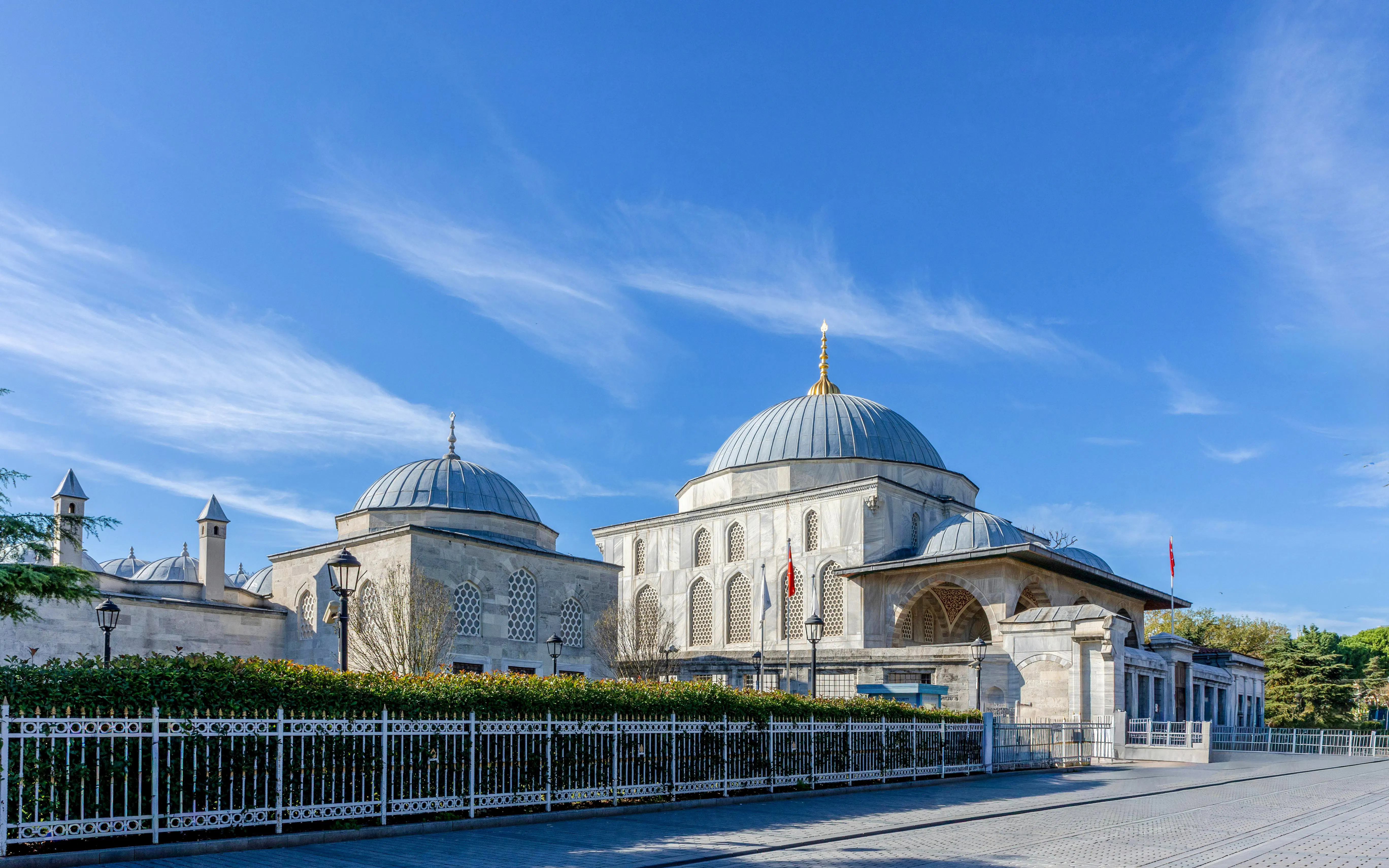 Tomb of Sultan Ahmad with domes and intricate architecture in Istanbul, Turkey.