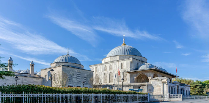 Tomb of Sultan Ahmad with domes and intricate architecture in Istanbul, Turkey.