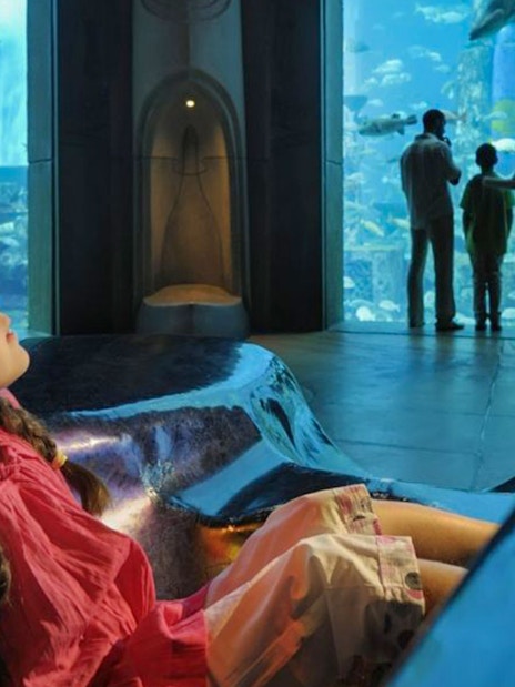 Child observing fish at Aquaventure's Lost World Aquarium, family in background.