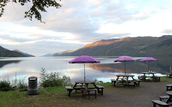 Picnic tables with purple umbrellas by Loch Ness near Fort Augustus.