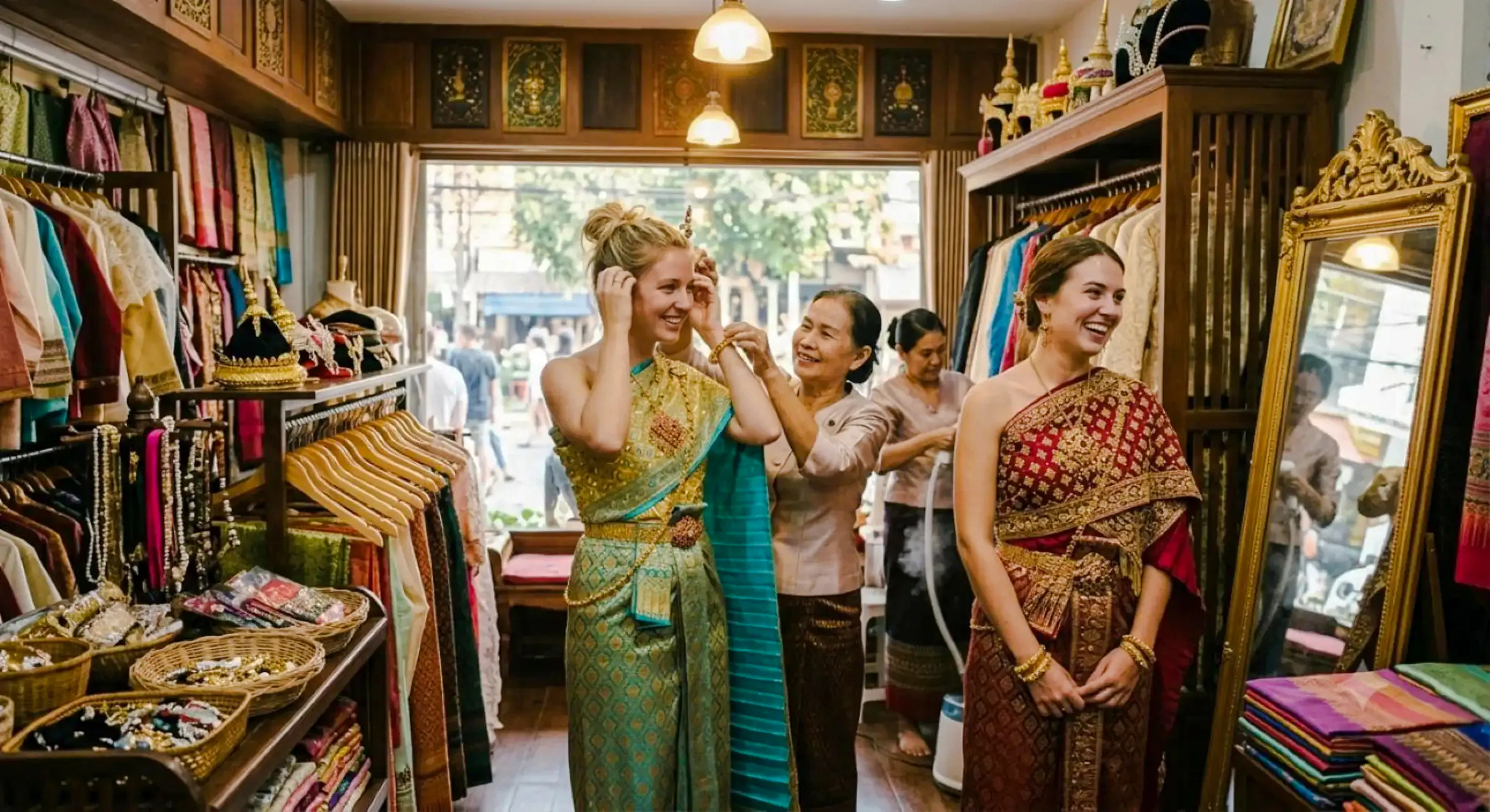 Women trying on traditional Thai costumes in a Chiang Mai shop.