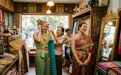 Women trying on traditional Thai costumes in a Chiang Mai shop.