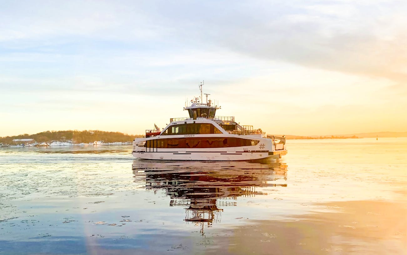 Ferry cruising during sunset on Oslo Fjord, Norway.