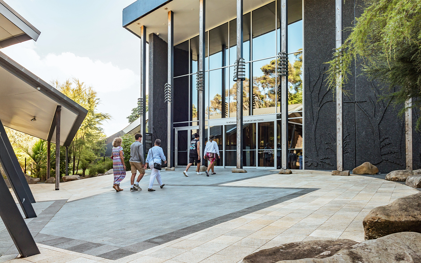 Visitors entering Te Kōngahu Museum of Waitangi, New Zealand.
