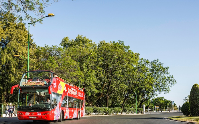 Open-top sightseeing bus on Messina to Taormina transfer route.