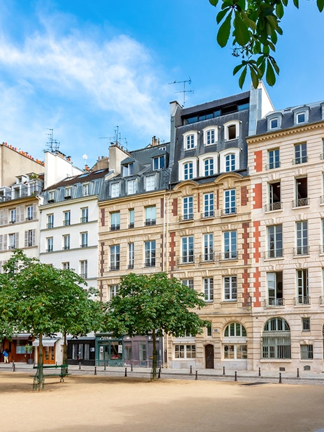 Historic buildings on Notre Dame Island, Paris, with trees lining a quiet square.