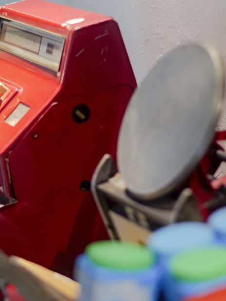 Red telephone at Hong Kong Peak Tram & Sky Terrace exhibit.