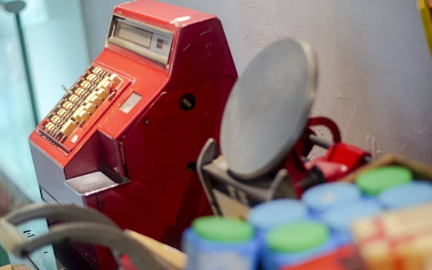 Red telephone at Hong Kong Peak Tram & Sky Terrace exhibit.