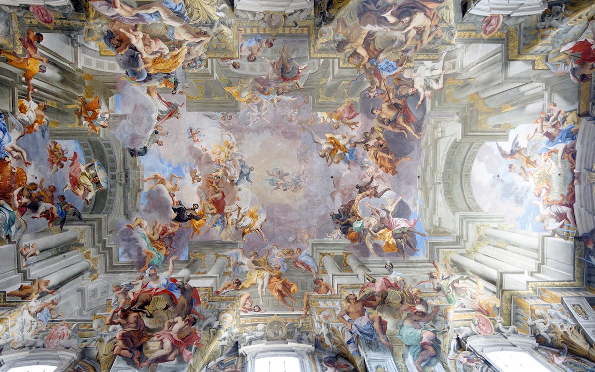 Paintings and frescos on the ceiling of a catholic Church of St. Ignatius of Loyola at Campus Martius, in Rome, Italy