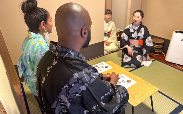 Participants in kimonos during a tea ceremony in Shinagawa, Tokyo.