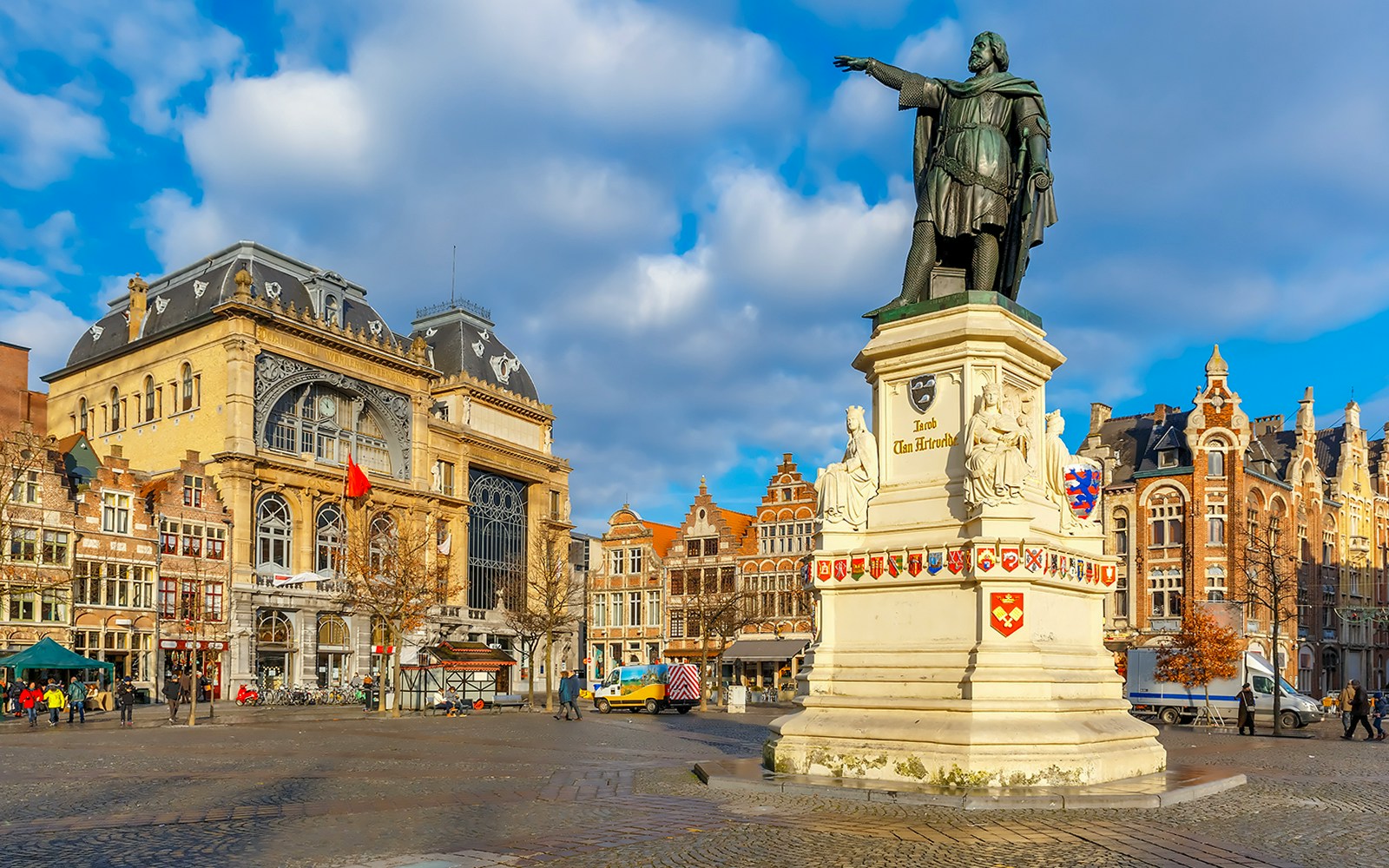 Jacob van Artevelde statue at Friday Market square, Ghent, Belgium, on a sunny morning.