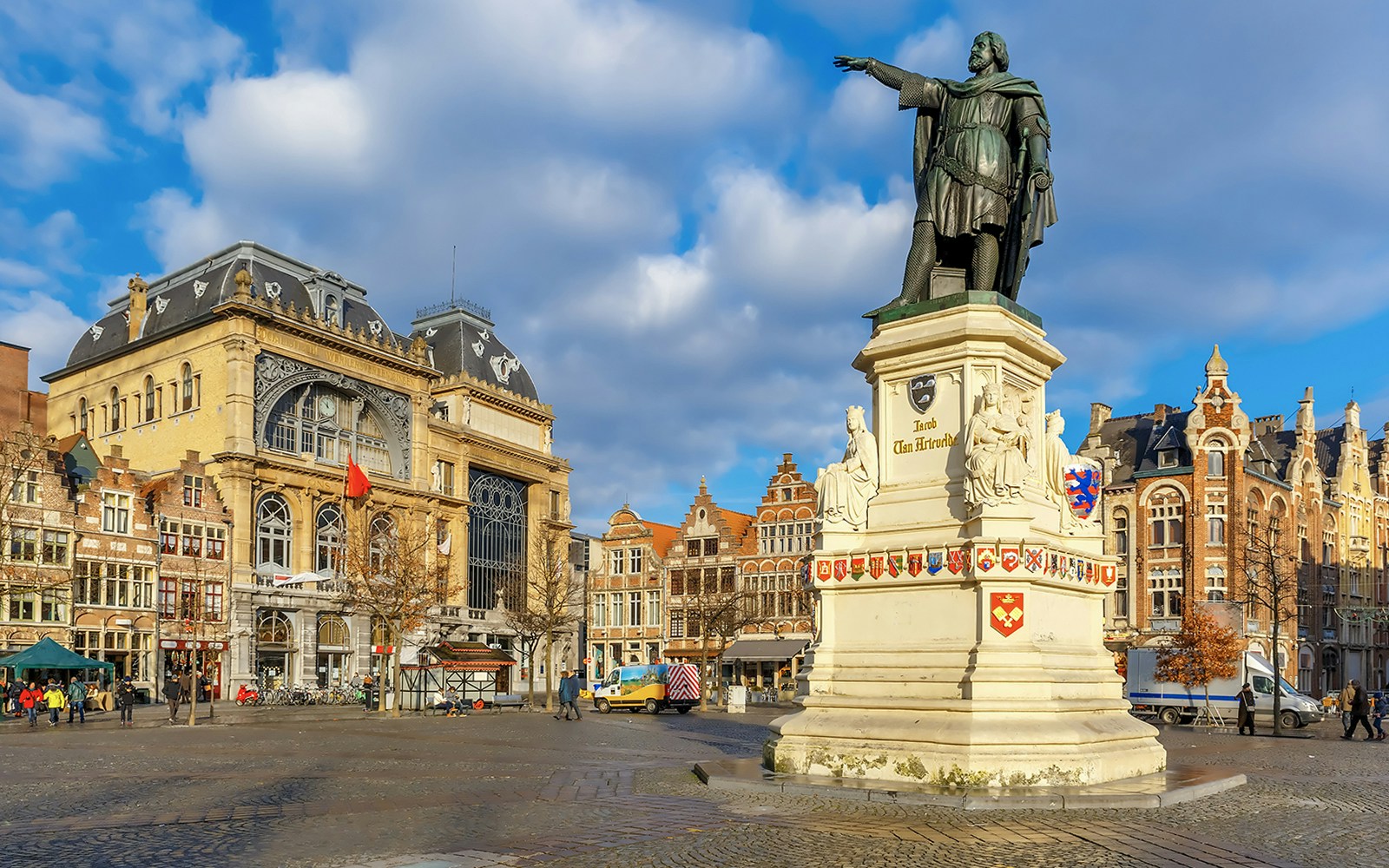 Jacob van Artevelde statue at Friday Market square, Ghent, Belgium, on a sunny morning.