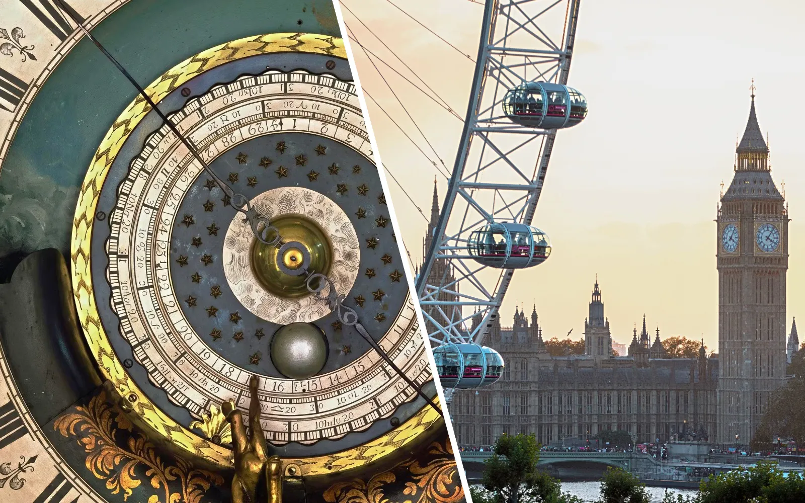 Astronomical clock face at Royal Observatory Greenwich with London Eye and Big Ben in the background.