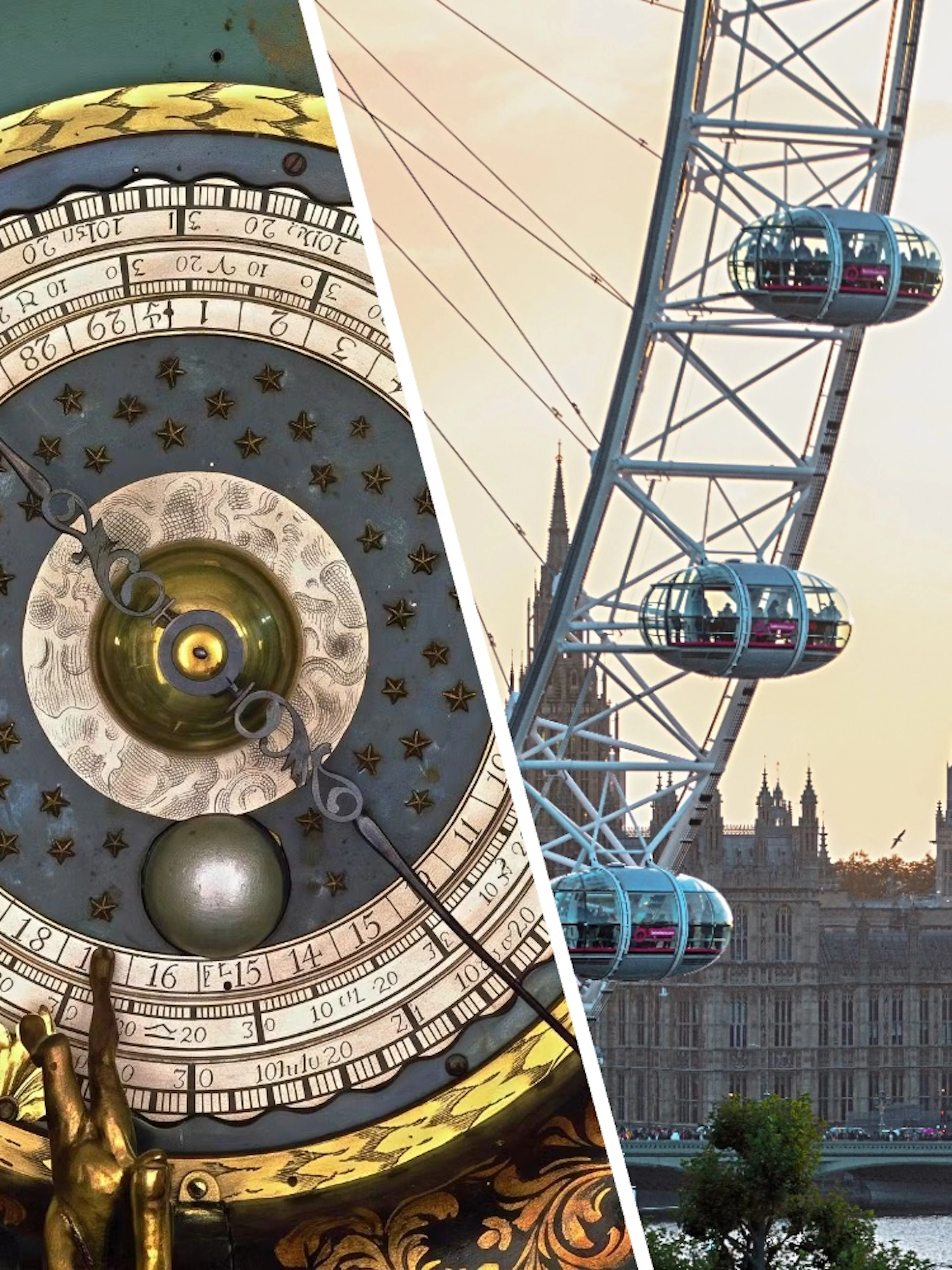 Astronomical clock face at Royal Observatory Greenwich with London Eye and Big Ben in the background.