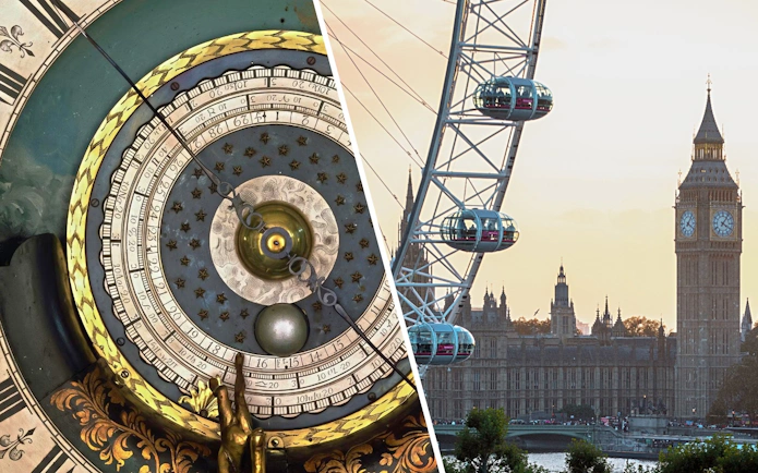 Astronomical clock face at Royal Observatory Greenwich with London Eye and Big Ben in the background.