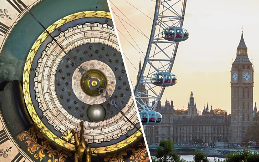 Astronomical clock face at Royal Observatory Greenwich with London Eye and Big Ben in the background.
