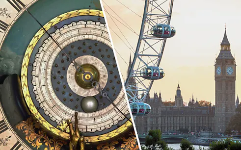 Astronomical clock face at Royal Observatory Greenwich with London Eye and Big Ben in the background.